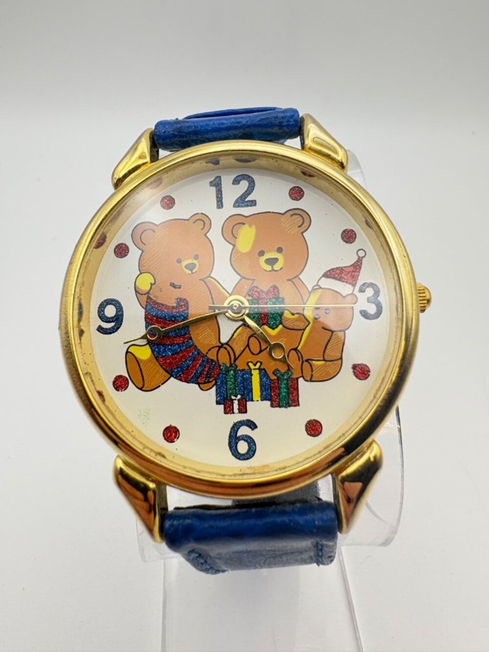 Vintage North Pole Inc Teddy Bears Christmas Watch Gold Tone Blue Leather Strap
